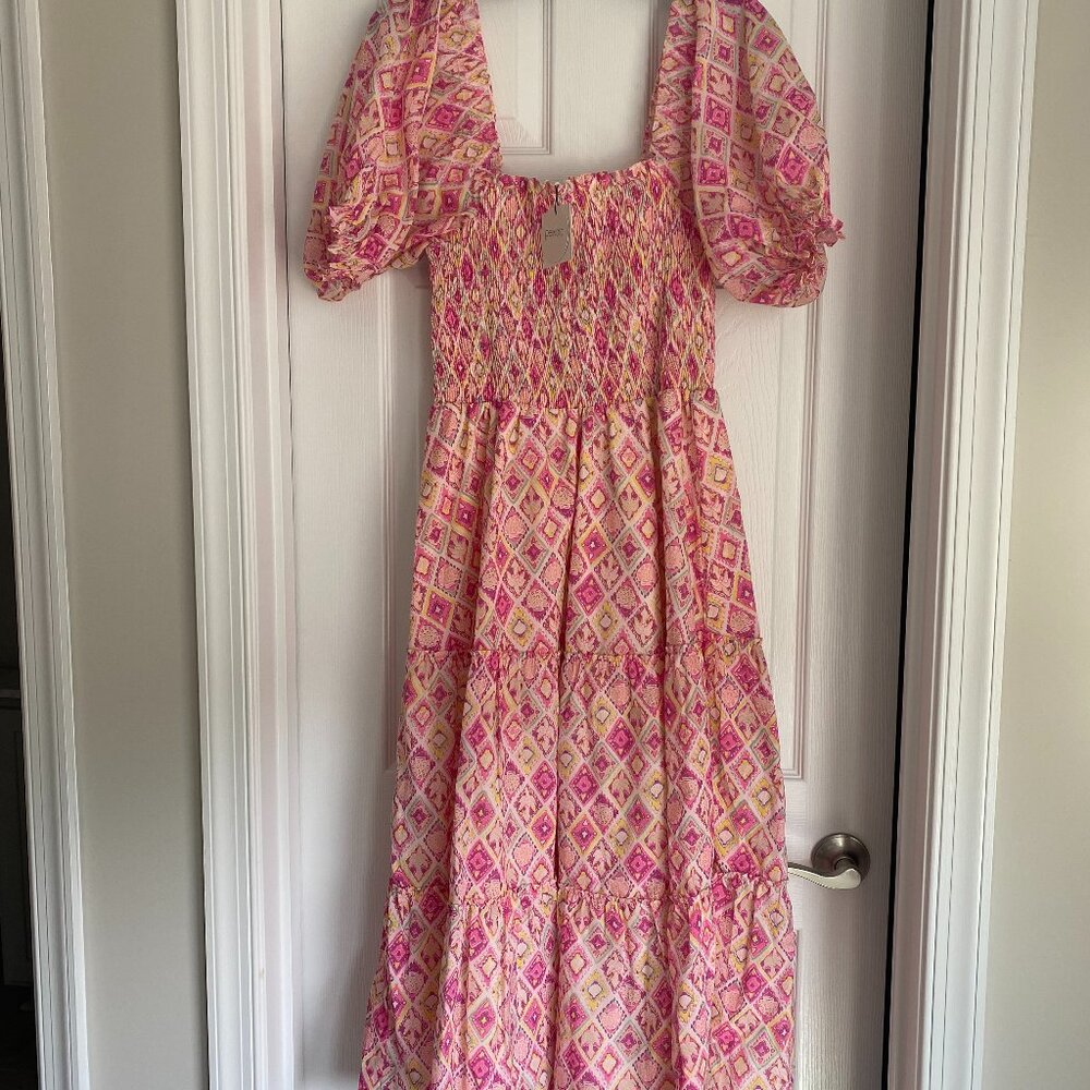Peixoto Coco Pink Smocked Puff Sleeve Midi Dress NWT Size L